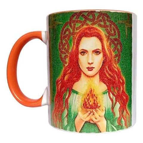 CANECA DE CERÂMICA BRANCA RESINADA COM INTERIOR E ALÇA LARANJA (DEUSA WICCA)