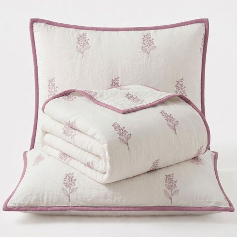 Kit Cobre Leito Charme Casal Percal 300 Fios Colcha Bordado Floral Localizado 3 Peças Lavanda