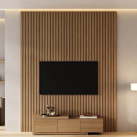 Rack Extensível com Painel Ripado TV 75 Polegadas Planejado 200x250cm Aruá CabeCasa MadeiraOriginals