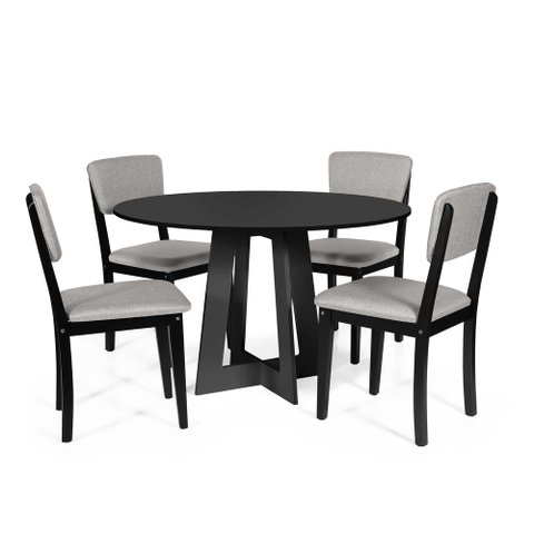 Mesa de Jantar Redonda Montreal Preta com 4 Cadeiras Estofadas Ella Preto/cinza Claro