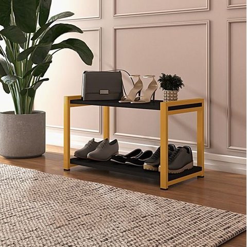 Mesa de Centro Sapateira Hall de Entrada Sala Aço Mdf Moderna Base Dourada Prateleiras Preta