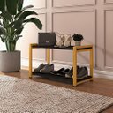 Ver imagem 1 de Mesa de Centro Sapateira Hall de Entrada Sala Aço Mdf Moderna Base Dourada Prateleiras Preta