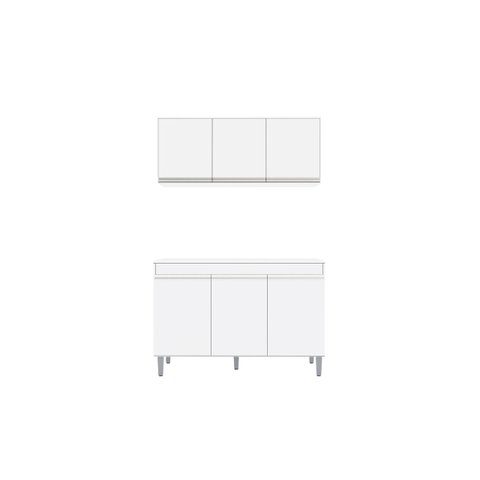 Balcão Gabinete Manu Cinza 120cm - com Tampo e Armário Aéreo Andreia 120cm - Ajl Móveis