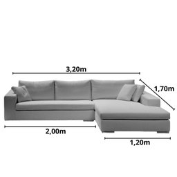 Sofá de Canto com Chaise de Casal em Sarja Cinza,  3,20m x 1,70m - 2
