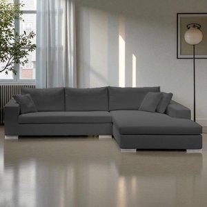 Sofá de Canto com Chaise de Casal em Sarja Cinza,  3,20m x 1,70m