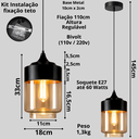 Ver imagem 3 de Lustre Pendente 33cm Vidro Âmbar Metal Preto Cilíndrico Luminária Teto Gimpo Kjdde-262