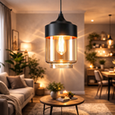 Ver imagem 1 de Lustre Pendente 33cm Vidro Âmbar Metal Preto Cilíndrico Luminária Teto Gimpo Kjdde-262