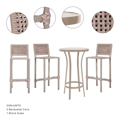 CONJUNTO PARA ÁREA COM 03 BANQUETAS CARLA E 01 BISTRO DUBAI