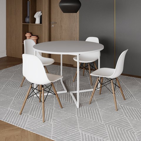 Mesa Jantar Industrial Redonda 110cm Branca Base V Ferro Branco c/ 4 Cadeira Eames Branca Base Madei