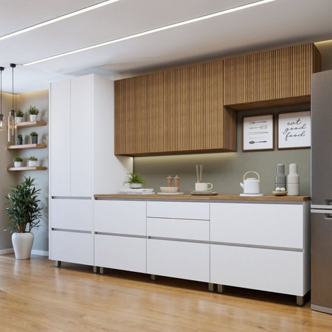 Cozinha Completa Modulada 5 Peças 8 Portas 6 Gavetas Norten Branco/Nature