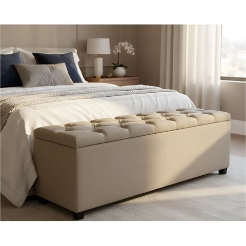 Puf Baú Estofado em Capitonê Queen 160x40x45cm na Cor Bege - Ampla Capacidade de Armazenamento