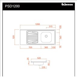 Pia Inox Fabrinox PSD1200D 120x52cm, cuba direita, válvula e sifão - 2