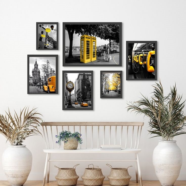 Kit Composição 6 Quadros Fotos Cidades Amarelo:madeira Branca