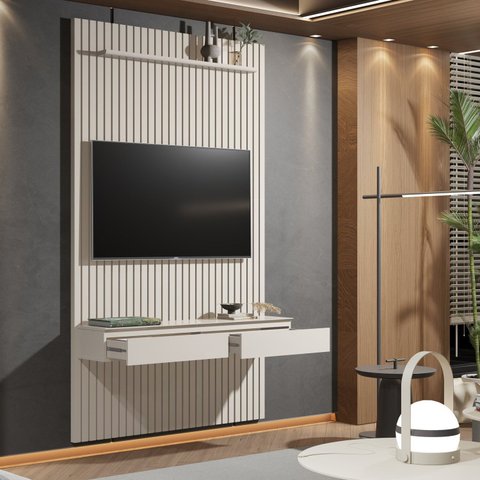 Painel Ripado Suspenso para TV até 55 Polegadas 100% MDF 138,6CMX240CM 2 Gavetas Arbo