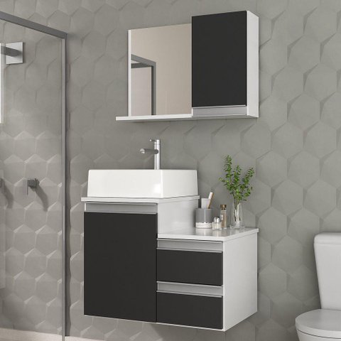 Conjunto Gabinete Banheiro Cross 60 (gabinete+espelheira+cuba) Branco Preto