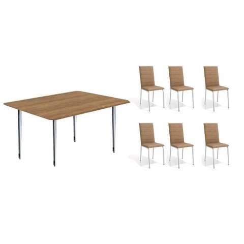 Conjunto: Mesa de Cozinha Iguaçu C/ Tampo de Madeira 1.60cm + 6 Cadeiras Amsterdã Cromada/