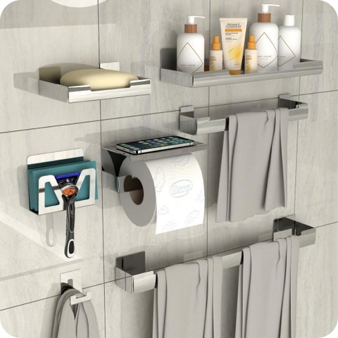 Kit Acessórios para Banheiro Inox Adesivo 7pçs Elg