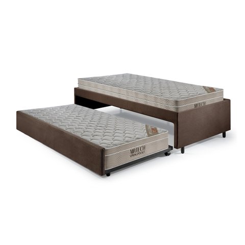 Bicama Box Solteiro Suede Marrom 88x188 com Dois Colchões Airtech Molas Ensacadas Ortobom