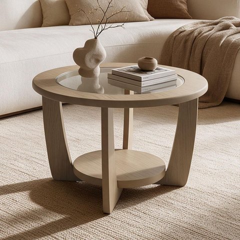 Mesa de Centro para Sala de Estar Redonda Tampo de Vidro 60cm Soren A05 Carvalho - Lyam Decor