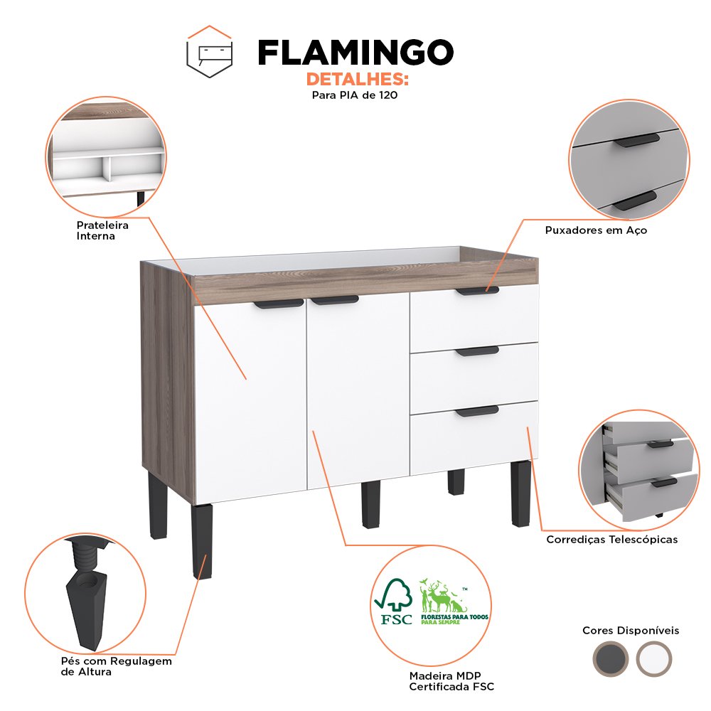 Gabinete de Cozinha para Pia de 120 em Madeira Flamingo 3 Gavetas Tamarindo/branco - Cozimax - 2