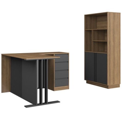 Mesa em L e Armario para Escritorio Office Cm4001 Mel Grafite Faem