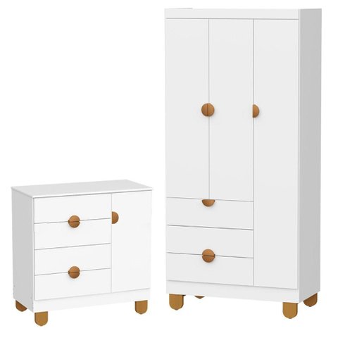 Cômoda Sapateira e Guarda Roupa 3 Portas Apolo Branco Fosco - Reller