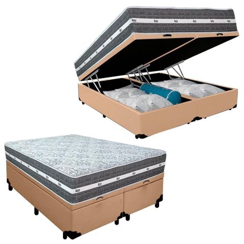 Cama Box Baú Casal Bipartido Sintético + Colchão Anjos Black Graphite Molas Ensacadas