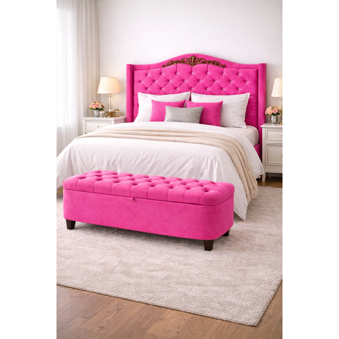 Kit De Quarto Lisboa Cabeceira De Cama Box e Calçadeira Baú Queen 160 cm Suede Rosa Pink Eli Móveis