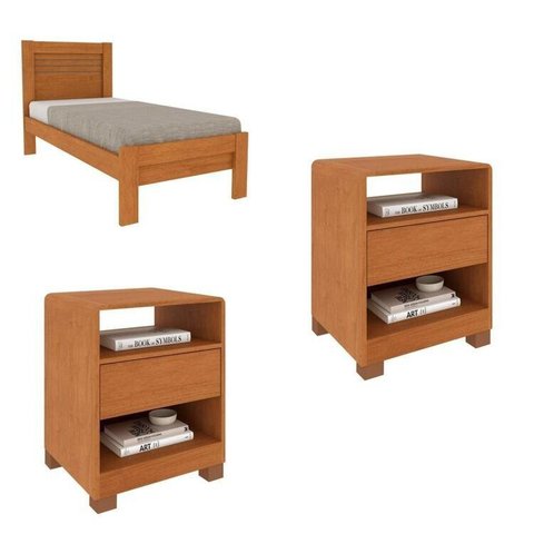 Conjunto Cama Solteiro Safira e 2 Mesas de Cabeceira Luna Espresso Moveis Marrom/Cinamomo