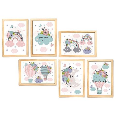 Kit Quadro Arco Iris & Nuvem & Lua Infantil Decorativo Quarto Criança Enxoval Bebê