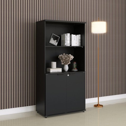 Armário Misto para Escritório com Nicho e Portas com Chave 159,6cm P25 Pandin Branco/Preto