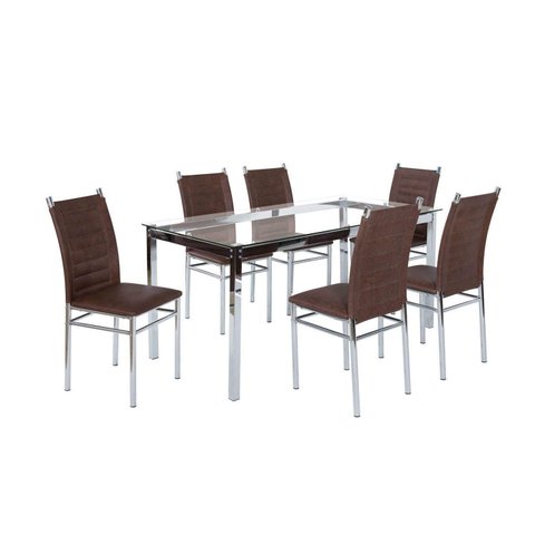 Conjunto Sala de Jantar Mesa Tampo de Vidro 6 Cadeiras Aço Tokio Yescasa Marrom/Cromado/Tex