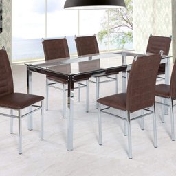 Conjunto Sala de Jantar Mesa Tampo de Vidro 6 Cadeiras Aço Tokio Yescasa - 2