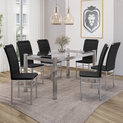 Conjunto Sala de Jantar Mesa Tampo de Vidro 6 Cadeiras Aço Tokio Yescasa