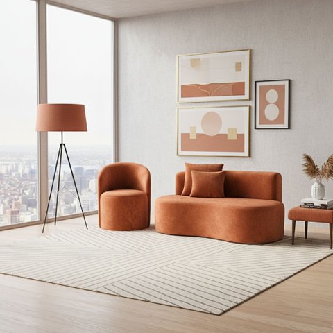 Conjunto 01 Poltrona + Sofá Curvo Orgânico Nature Gaia Suede Terracota - Montanaris Decor