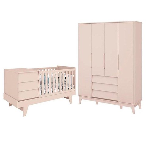 Jogo de Quarto Infantil Prince com Guarda Roupa 4 Portas e Berço Multifuncional Rosa Fosco - Reller
