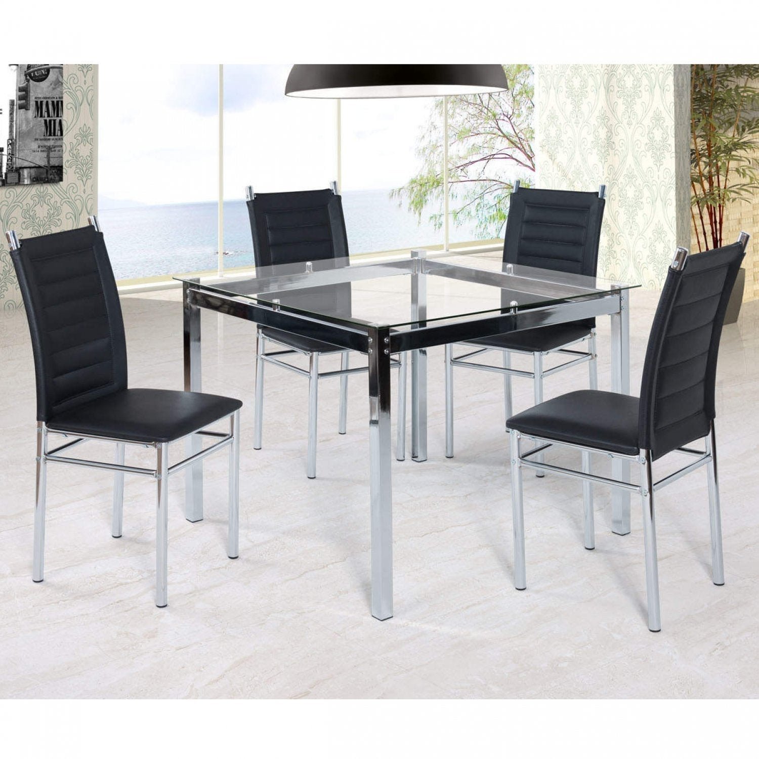 CONJUNTO MESA 4 CADEIRAS FORMATO CROMADA 1,20X0,80 COM VIDRO PRETO E CORINO  PRETO - ATACADÃO DOS ELETROS