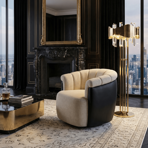 Poltrona Decorativa Giratória Linho Bege Detalhe Courino Preto Suporta 150kg Luxo Montada Sala