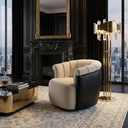 Ver imagem 1 de Poltrona Decorativa Giratória Linho Bege Detalhe Courino Preto Suporta 150kg Luxo Montada Sala