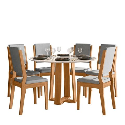 Conjunto Sala de Jantar Mesa Isabela 117X117 com 6 Cadeiras Carol Ype/Off White/Linho Cinza Claro - 