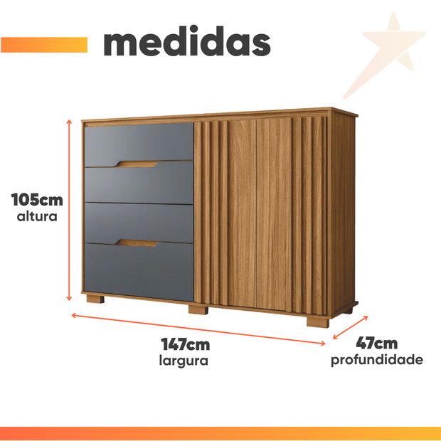 Cômoda Texas 147cm 4 Gavetas 2 Portas Freijó Cinza Moval