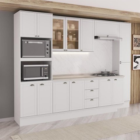 Cozinha Milla Unique 14 Portas 3 Gavetas MDF 310cm Branco Móveis Carraro