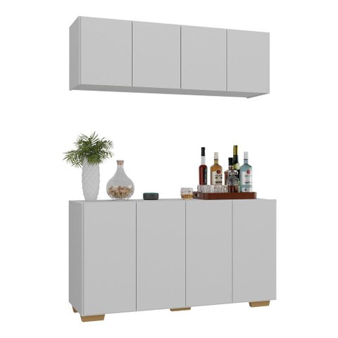 Kit Bar Armário Aéreo e Aparador 4 Portas Multimóveis Mp1087 Branco/natural
