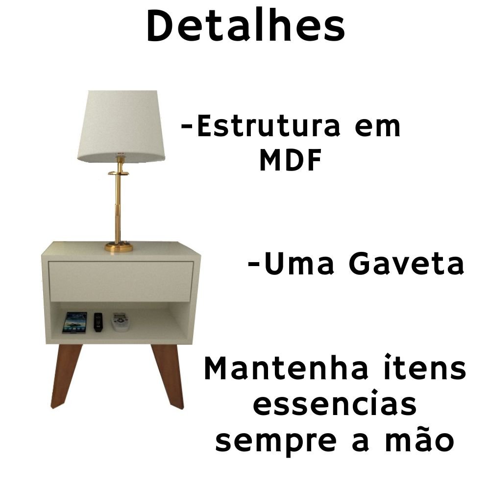 Kit 2 Mesas de Cabeceira 1 Gaveta 40 Cm Mdf Branco com Pés Fj Decor Retrô - 2