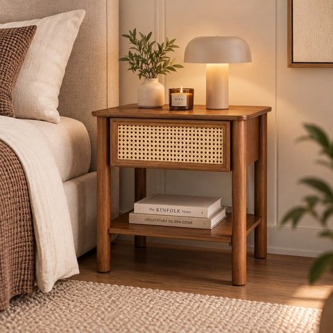Mesa de Apoio com Gaveta Ratan Nature Laminada Imbuia Mel