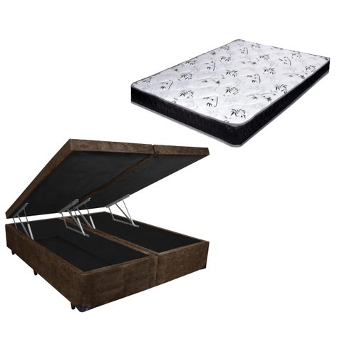 Cama Box Baú Casal Bi-Partido Green Marrom Suede + Colchão Espuma D28 138x188x14