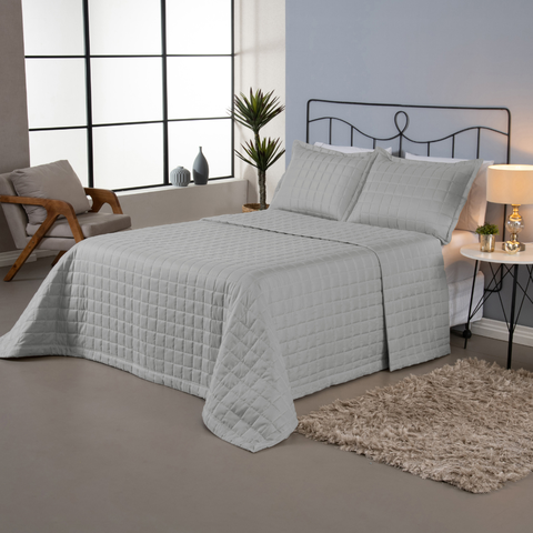 Kit Colcha Cobre Leito Matelado Casal King Size 3 Peças Dupla Face Soft Cinza