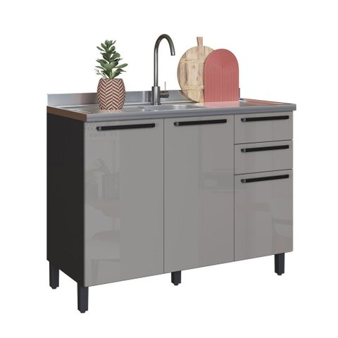 Balcão de Cozinha para Pia 120 Cm Diamante 2 Portas 3 Gavetas Chumbo/titanio - Indékes