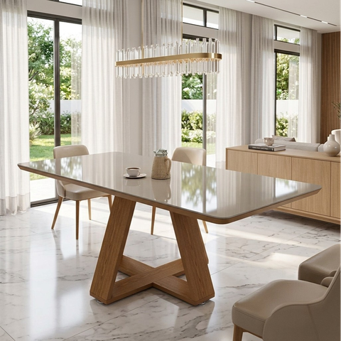 Mesa Retangular de 160cm Grande de Jantar com Tampo de Vidro:Off White