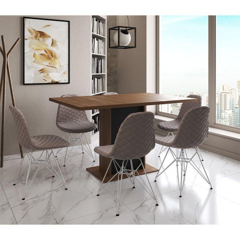Mesa Jantar Londres Retangular Amêndoa 137x90 Base Preta 6 Cadeiras Estofadas Nude Médio Ferro